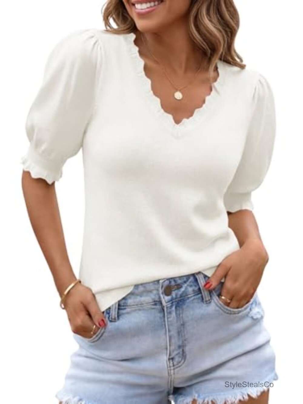 Puff Short Sleeve Sweater V Neck Ruffle Knit Pullover Top